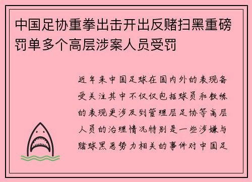 中国足协重拳出击开出反赌扫黑重磅罚单多个高层涉案人员受罚