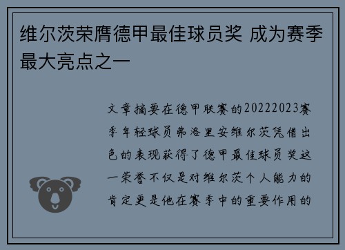 维尔茨荣膺德甲最佳球员奖 成为赛季最大亮点之一